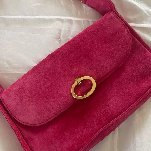 Pink Suede Shoulder Bag with Gold Ring Accent - Picture 2 of 4